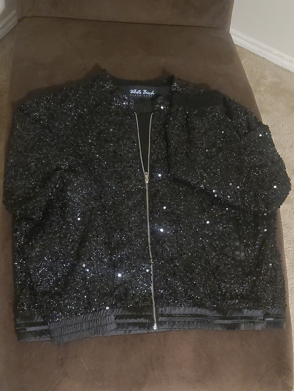 white birch Black Sequin Bomber Jacket